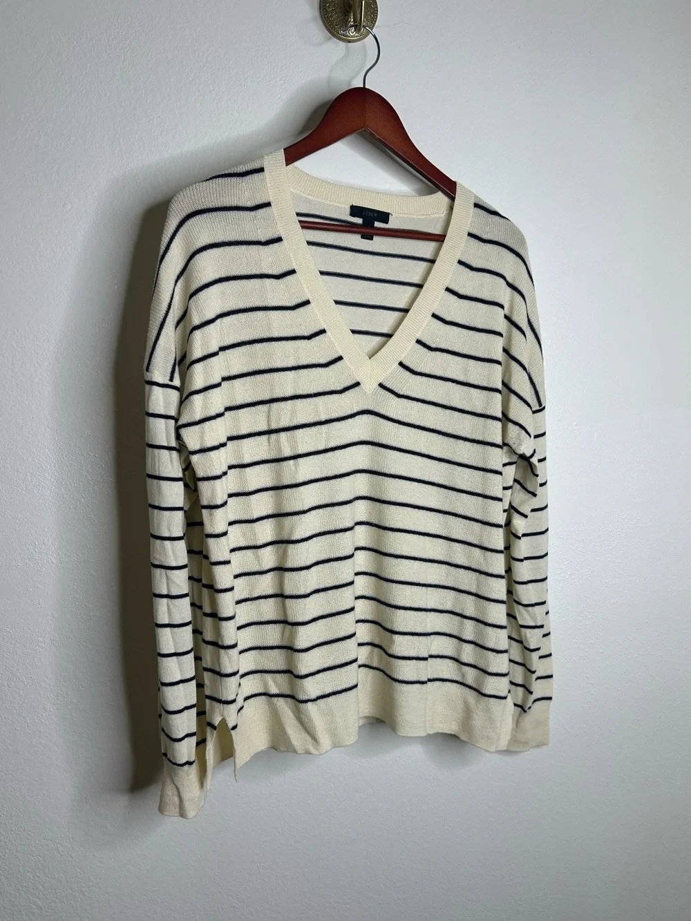 J. Crew Merino Wool Cotton Striped Cream Navy Lightweight V - Neck Sweater